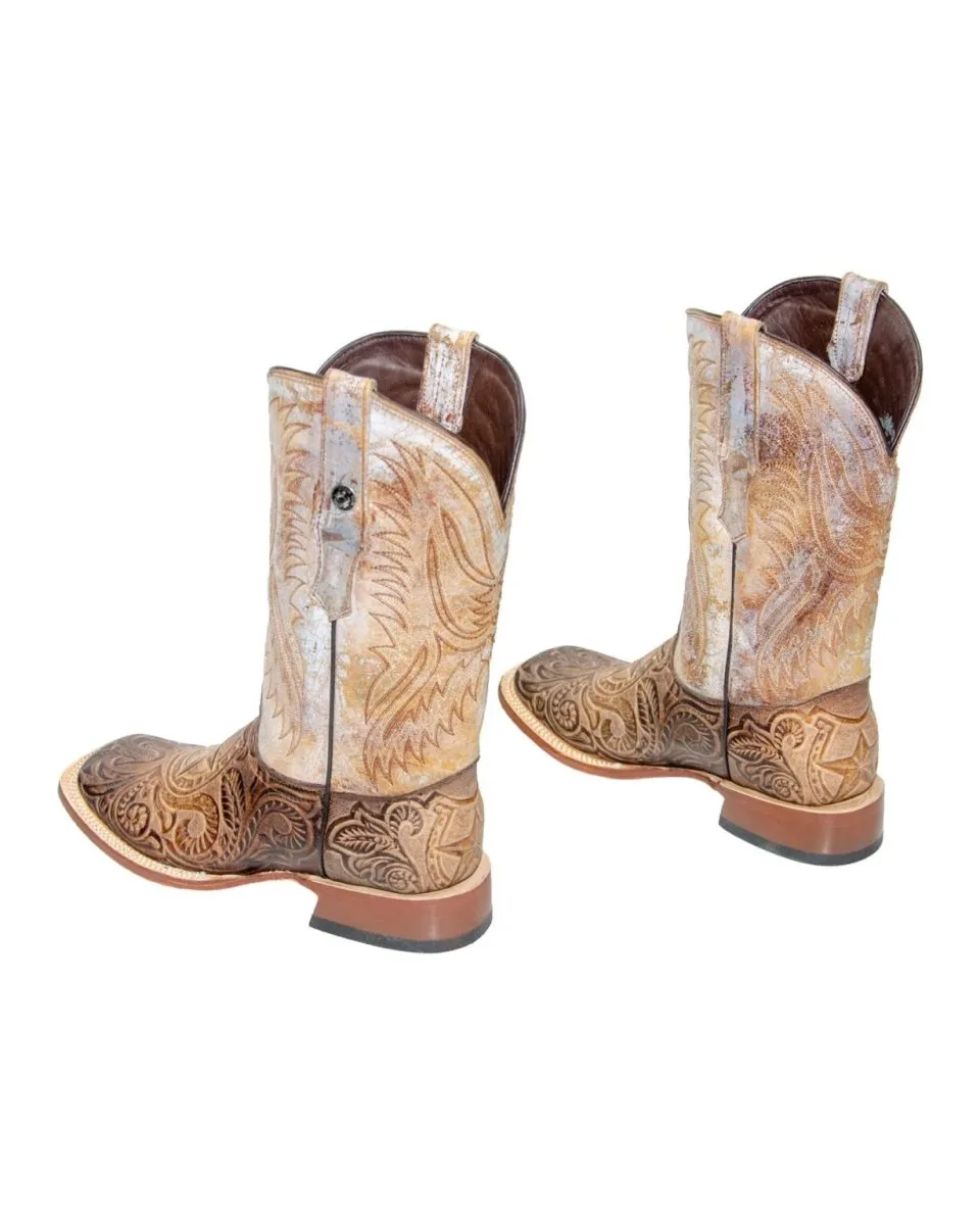 TANNER MARK MEN'S HandTooled Horseshoe Mocha Western Boots EE