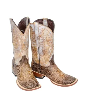 TANNER MARK MEN'S HandTooled Horseshoe Mocha Western Boots EE