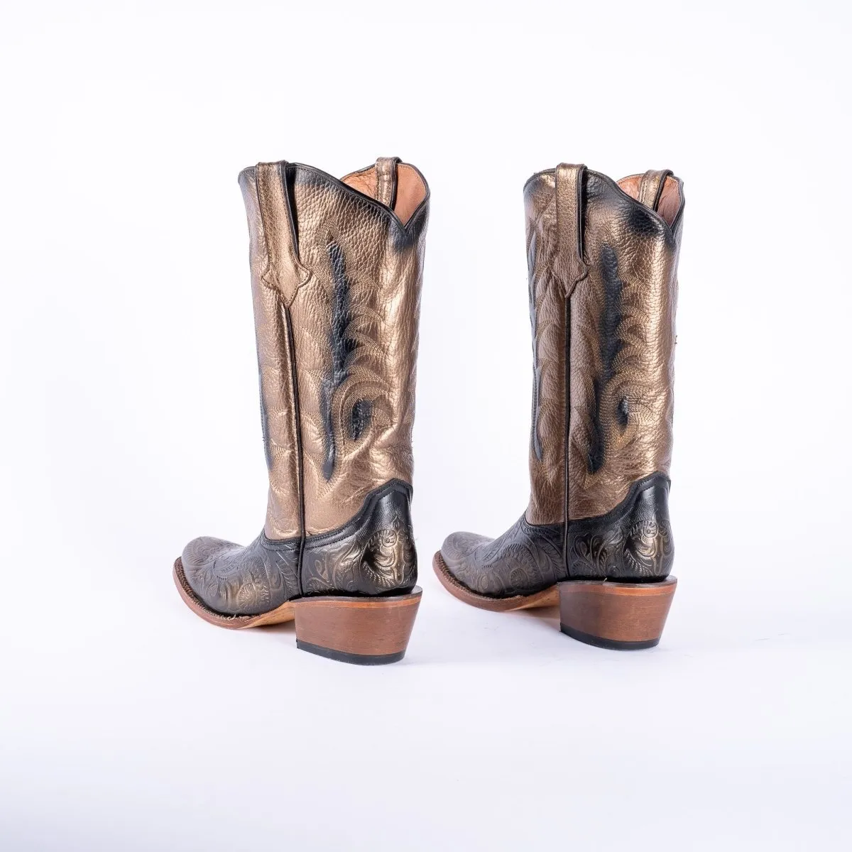 TANNER MARK WOMEN’S Handtooled Print Gold Cowgirl Boots With Burnished Gold Top