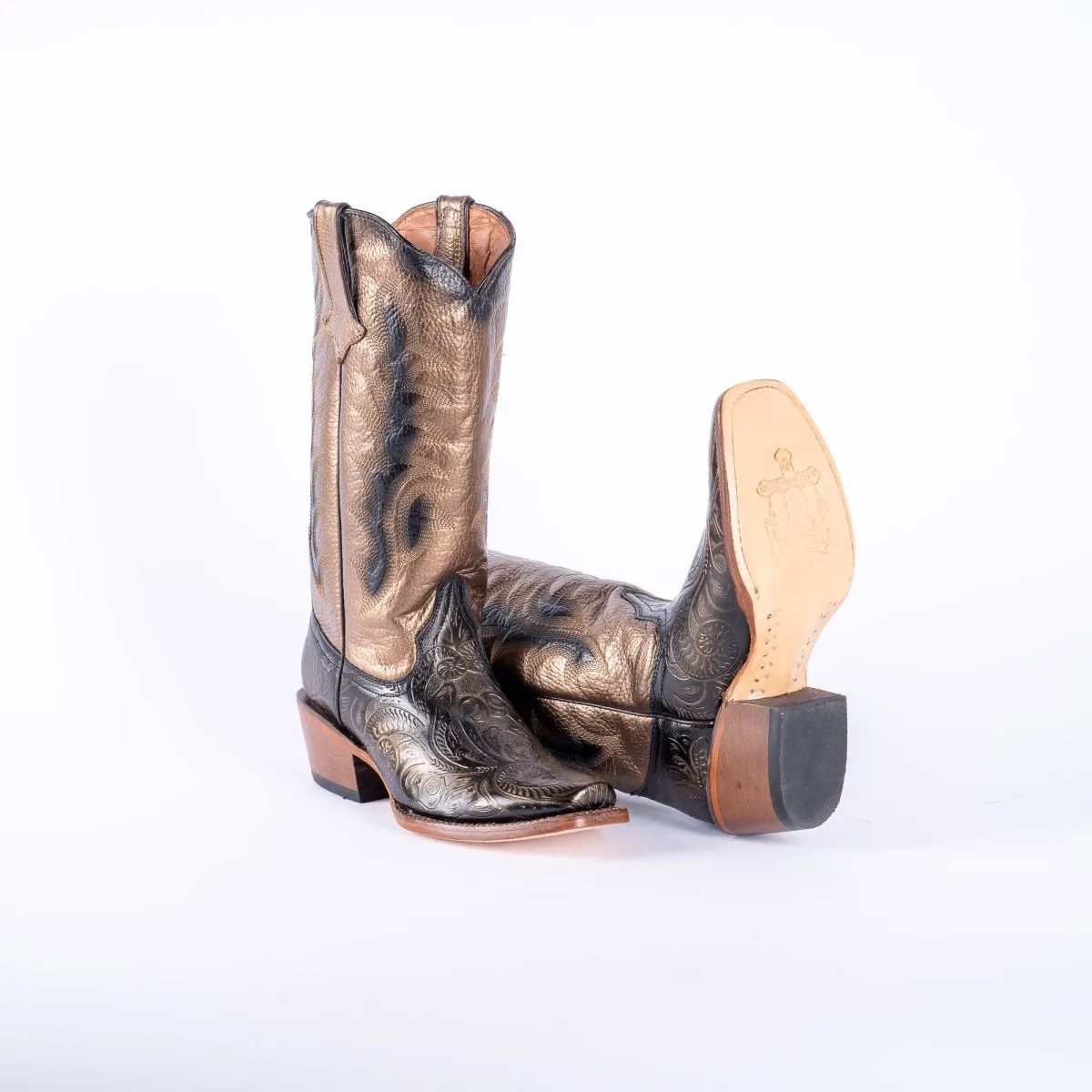 TANNER MARK WOMEN’S Handtooled Print Gold Cowgirl Boots With Burnished Gold Top