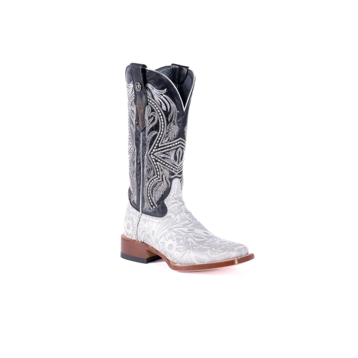 TANNER MARK WOMEN’S Jungle Handtooled White & Silver Cowgirl Boots With Volcano Black Top