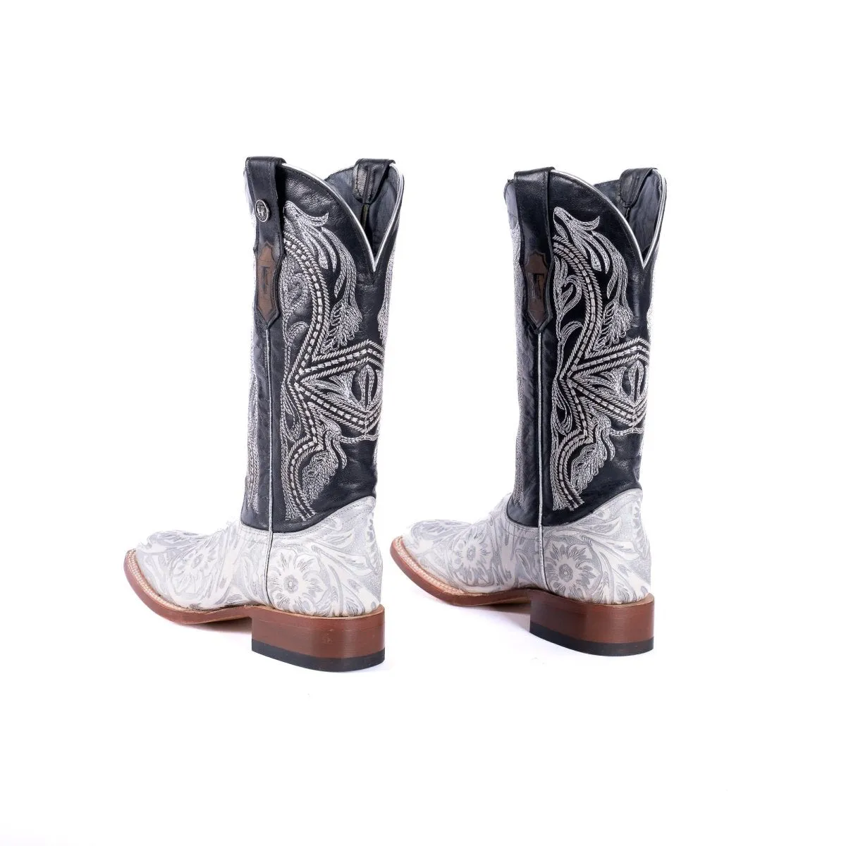 TANNER MARK WOMEN’S Jungle Handtooled White & Silver Cowgirl Boots With Volcano Black Top