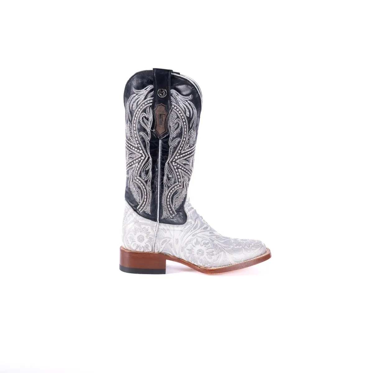 TANNER MARK WOMEN’S Jungle Handtooled White & Silver Cowgirl Boots With Volcano Black Top