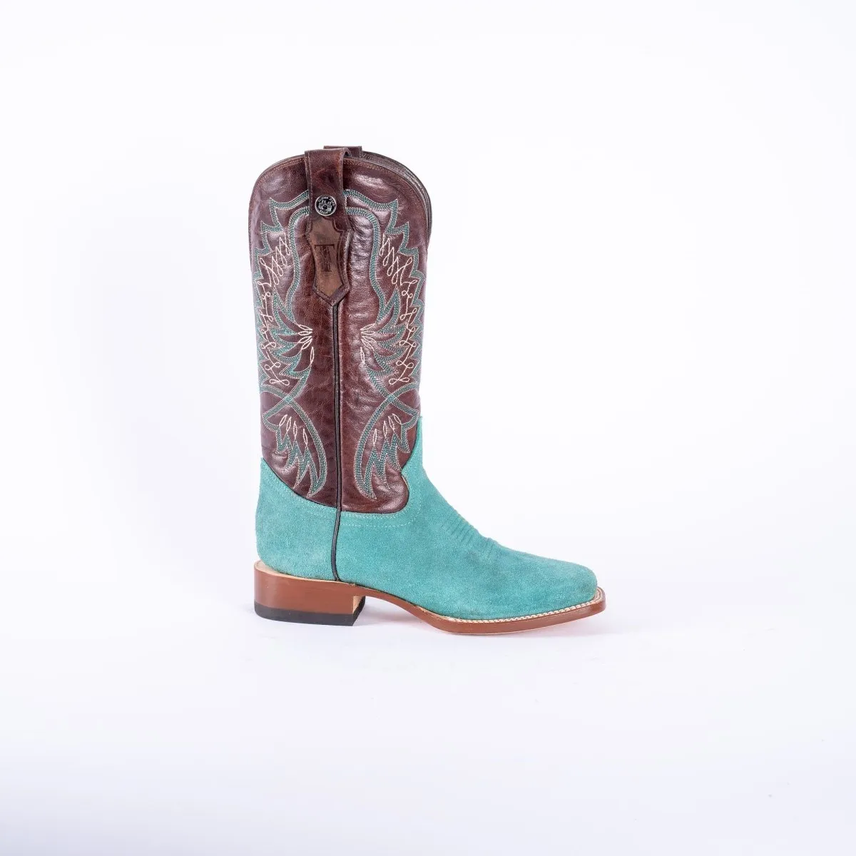 TANNER MARK WOMEN’S Ruff Out Turquoise Cowgirl Boots With Volcano Cognac Top
