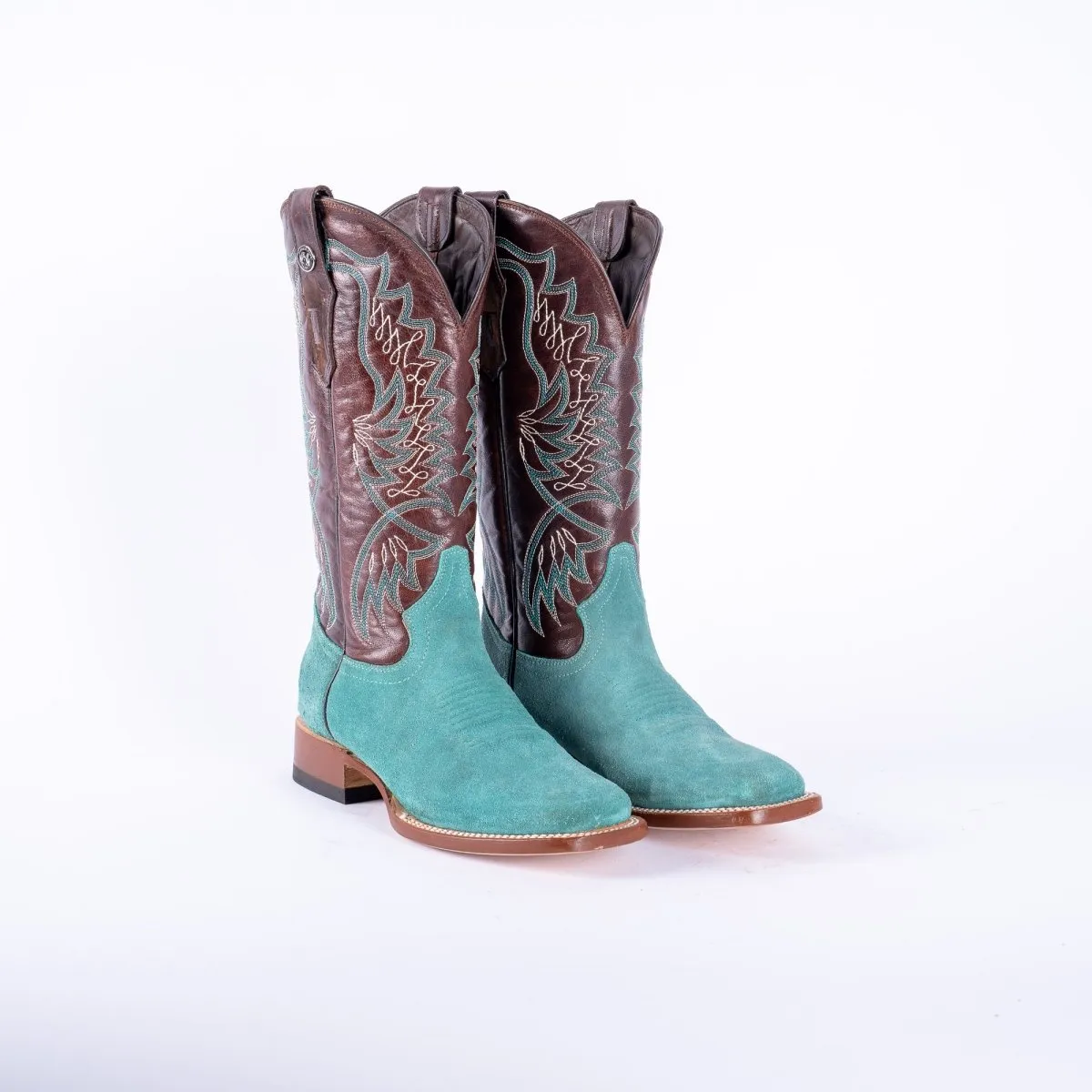 TANNER MARK WOMEN’S Ruff Out Turquoise Cowgirl Boots With Volcano Cognac Top