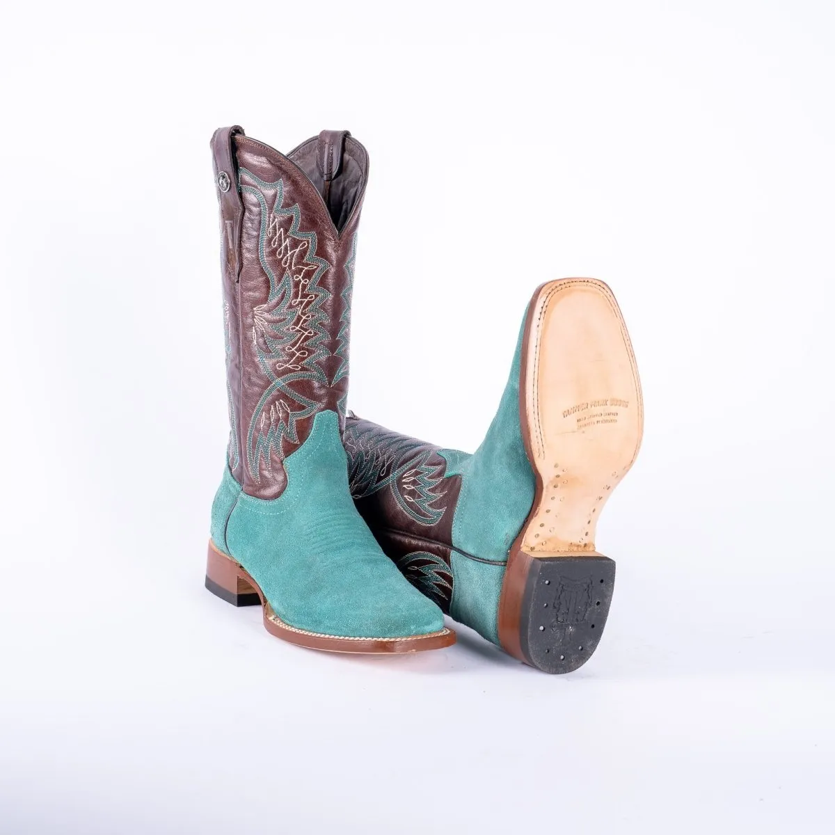 TANNER MARK WOMEN’S Ruff Out Turquoise Cowgirl Boots With Volcano Cognac Top