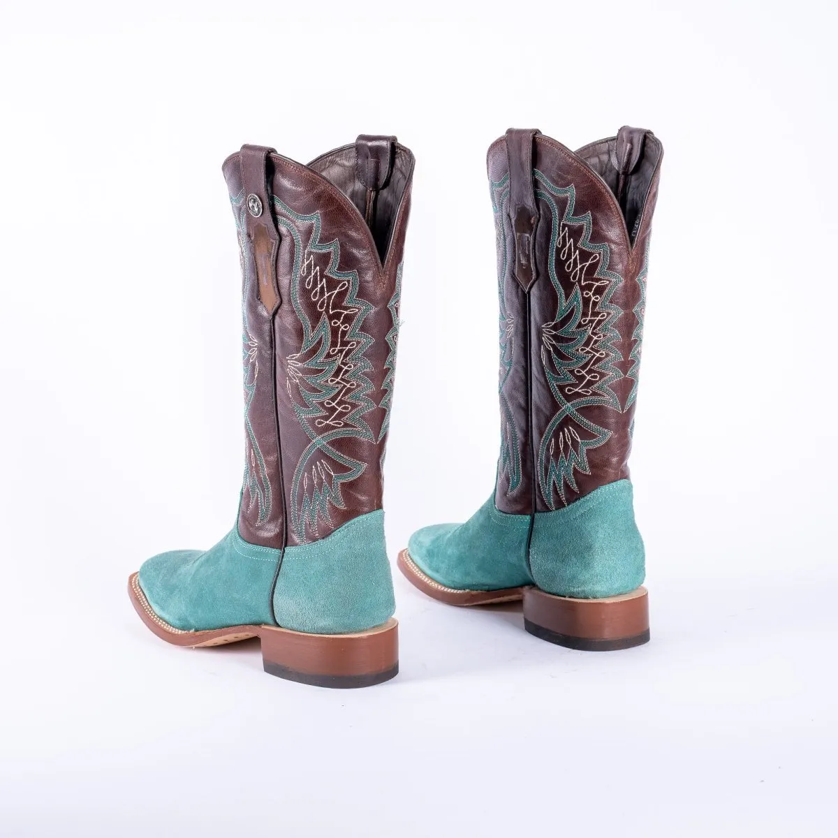 TANNER MARK WOMEN’S Ruff Out Turquoise Cowgirl Boots With Volcano Cognac Top