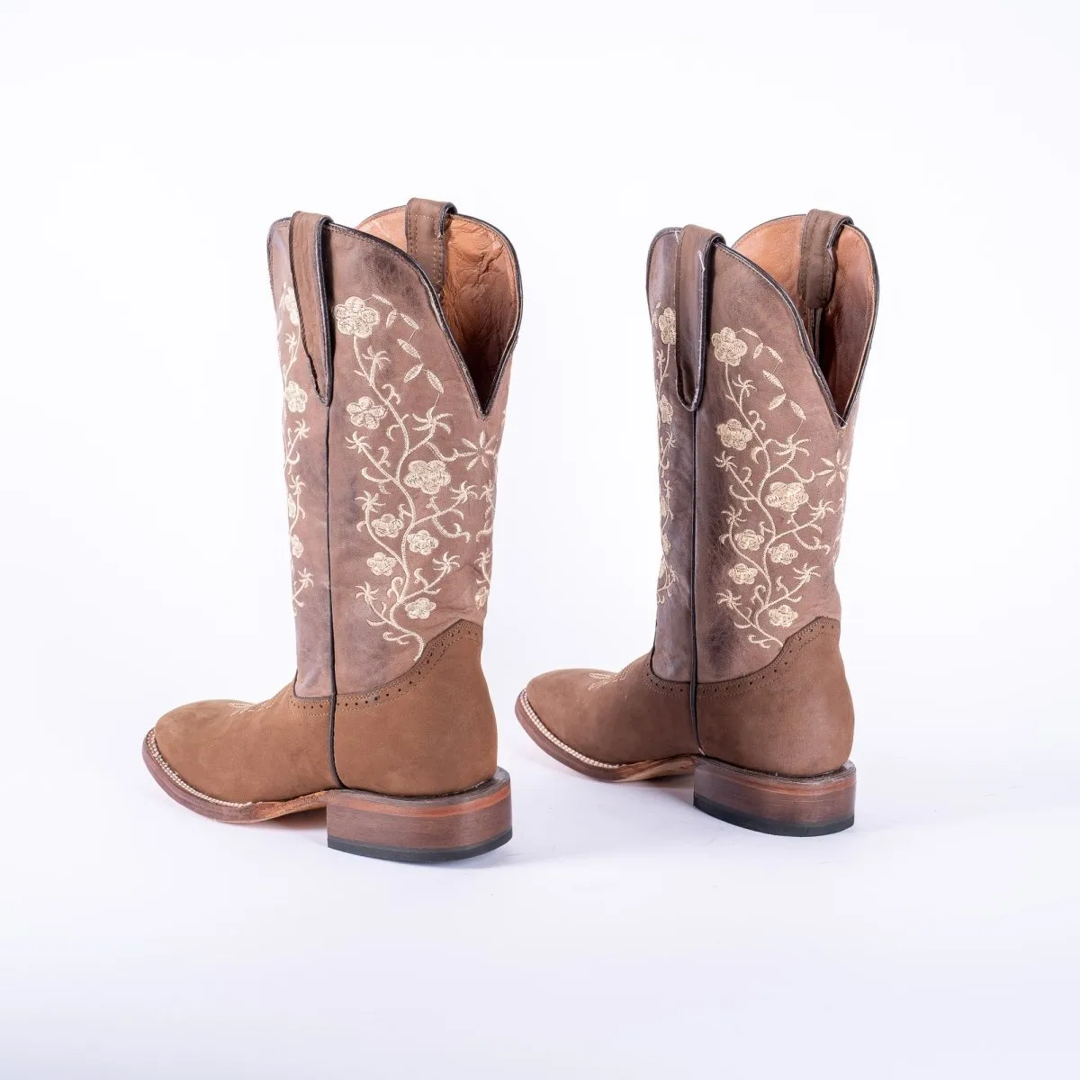 TANNER MARK WOMEN’S Turn-in Crazy Brown Cowgirl Boots With Floral Embroidery Top