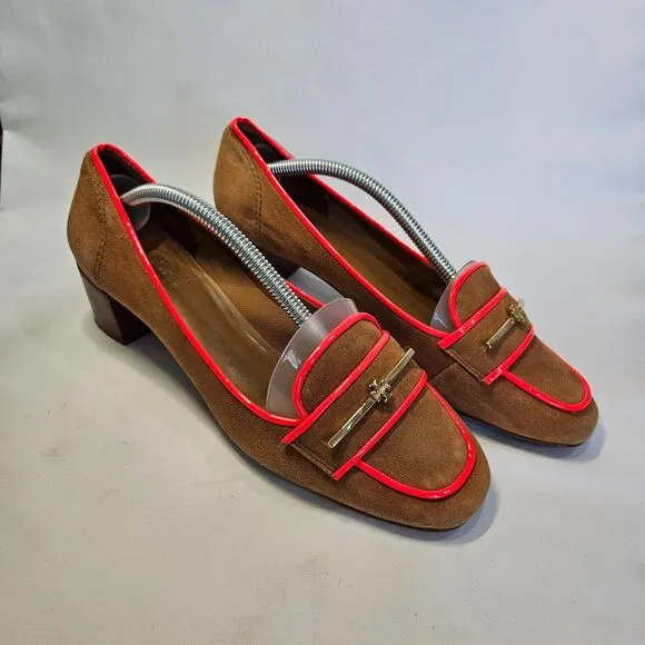 Tory Burch Womens Nora Suede Leather Loafer Heels 7.5 Brown Pink Preppy Dressy