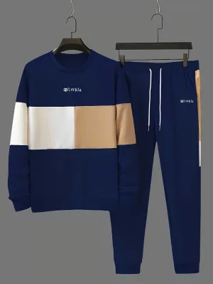 Trendy Color Block Crew Neck Sweatshirt and Jogging Pants Set