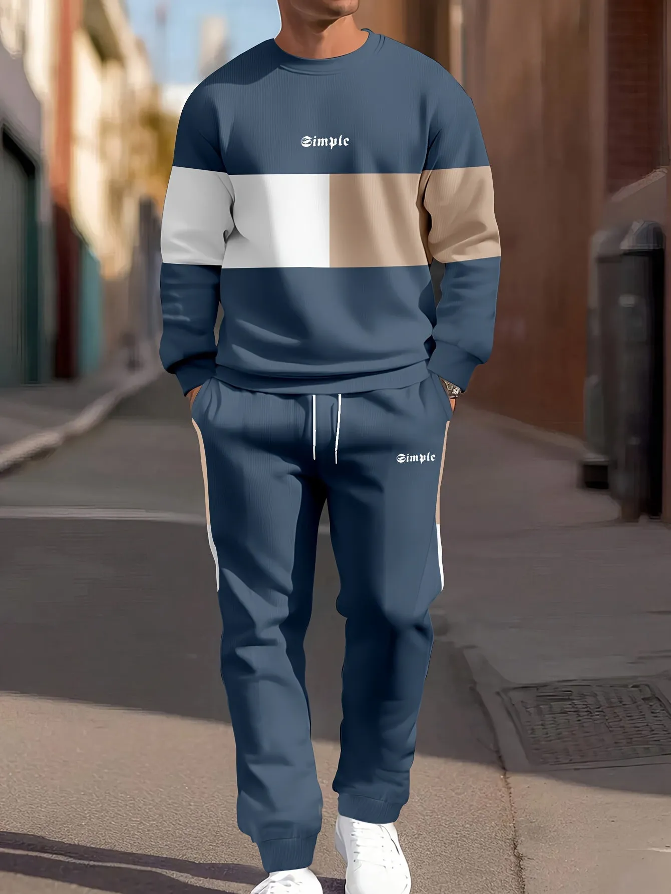 Trendy Color Block Crew Neck Sweatshirt and Jogging Pants Set