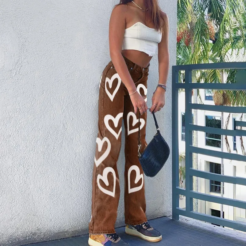 Vintage Heart Printed Baggy Jeans Women High Waist Mom Jeans Denim