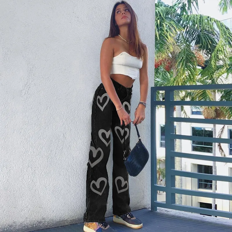 Vintage Heart Printed Baggy Jeans Women High Waist Mom Jeans Denim