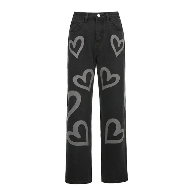 Vintage Heart Printed Baggy Jeans Women High Waist Mom Jeans Denim
