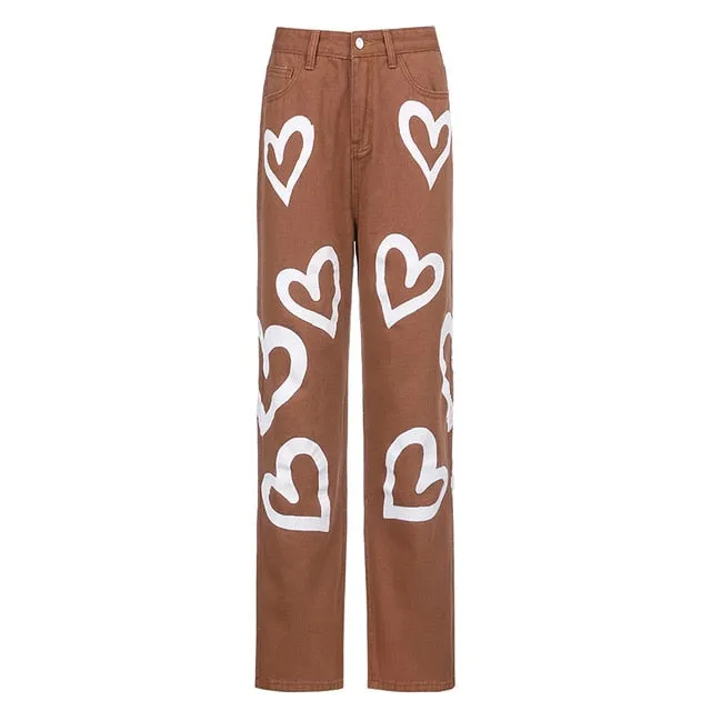 Vintage Heart Printed Baggy Jeans Women High Waist Mom Jeans Denim