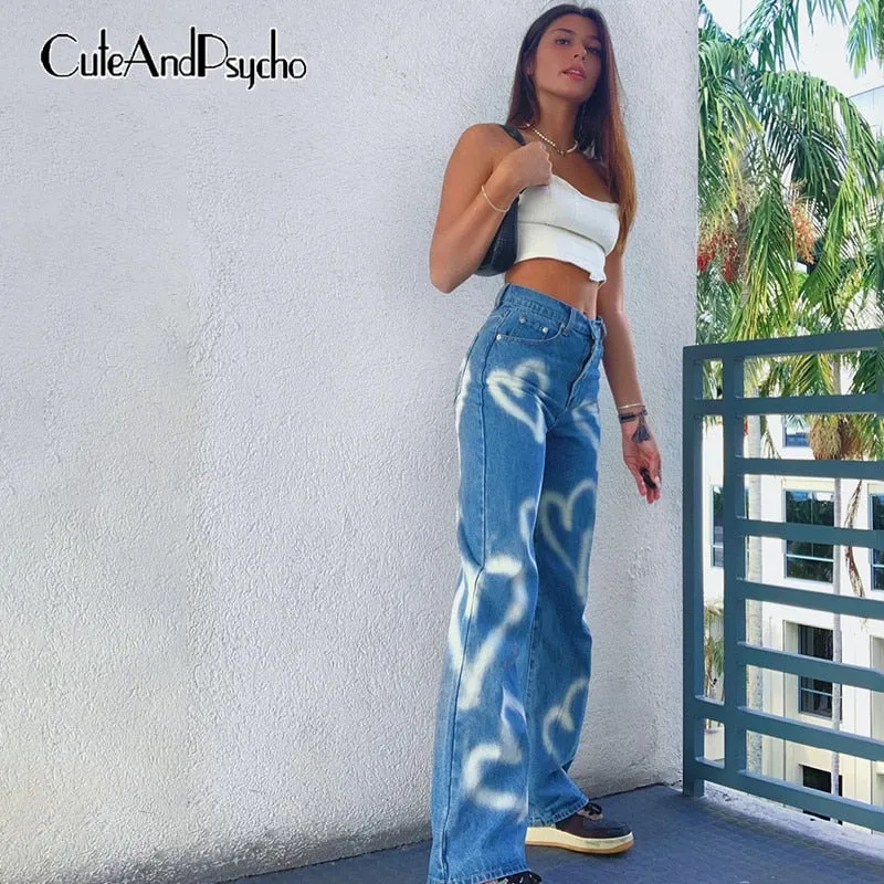Vintage Heart Printed Baggy Jeans Women High Waist Mom Jeans Denim