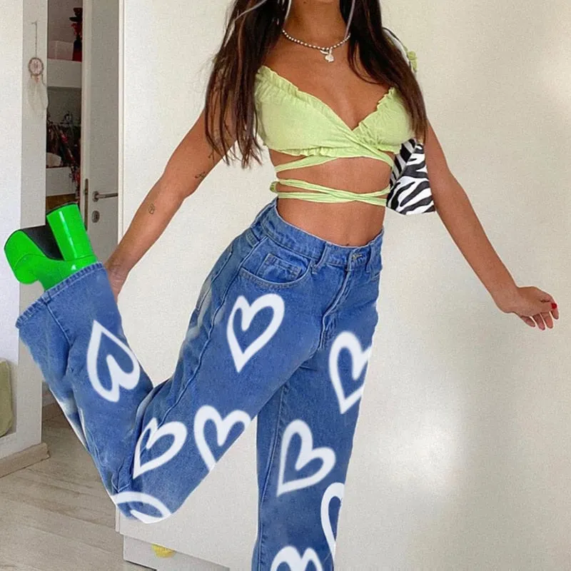 Vintage Heart Printed Baggy Jeans Women High Waist Mom Jeans Denim