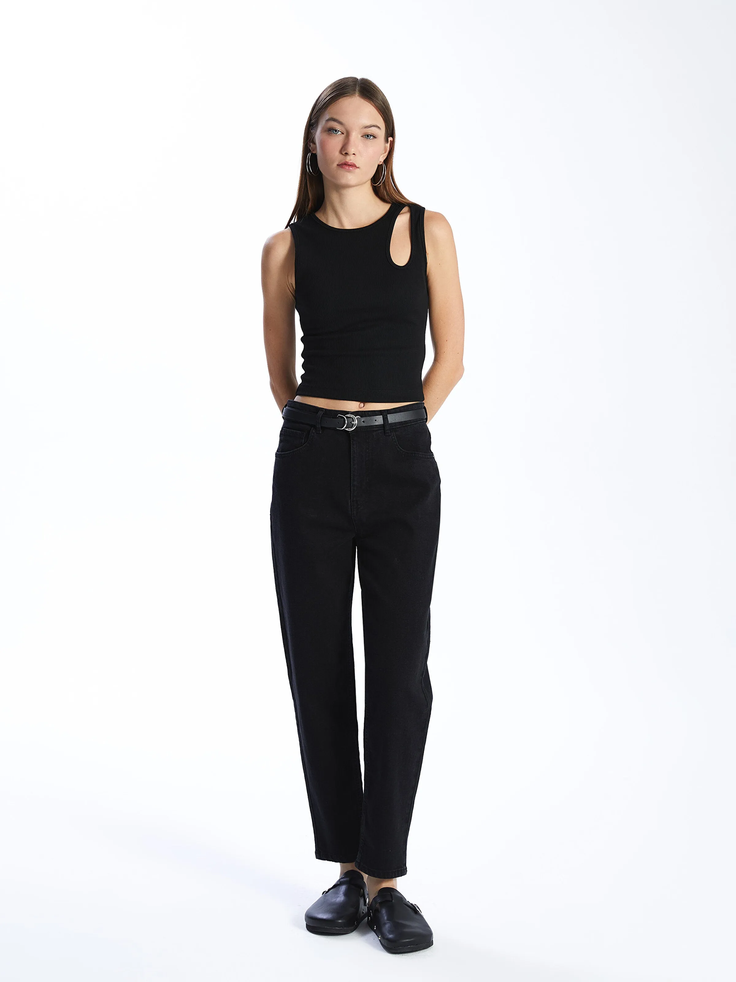 Waist Belted Mom Fit Women Jean Trousers
