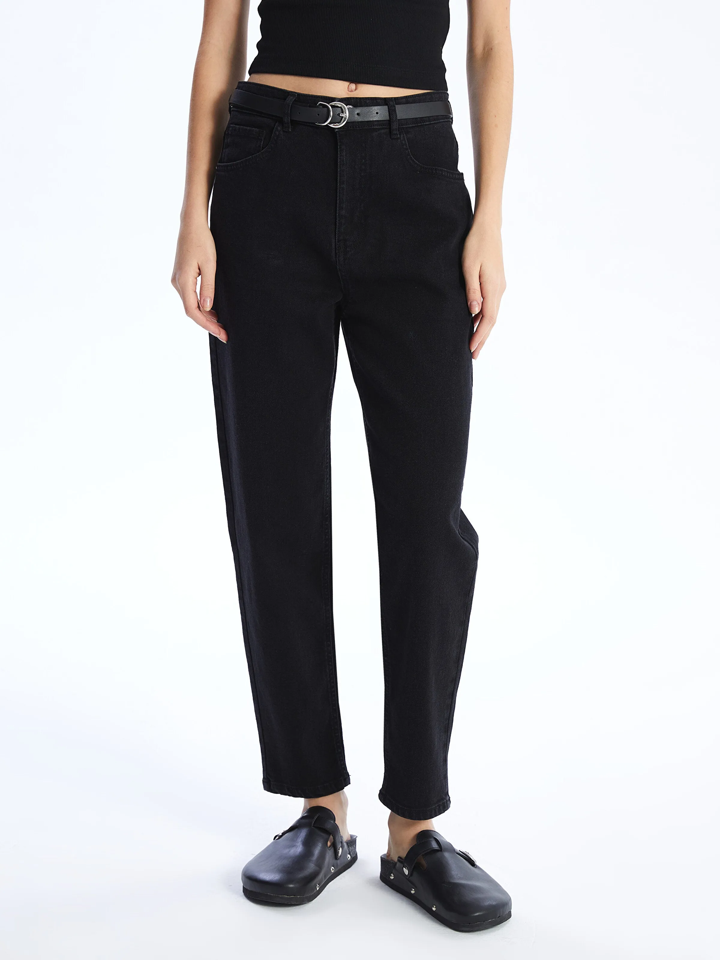 Waist Belted Mom Fit Women Jean Trousers