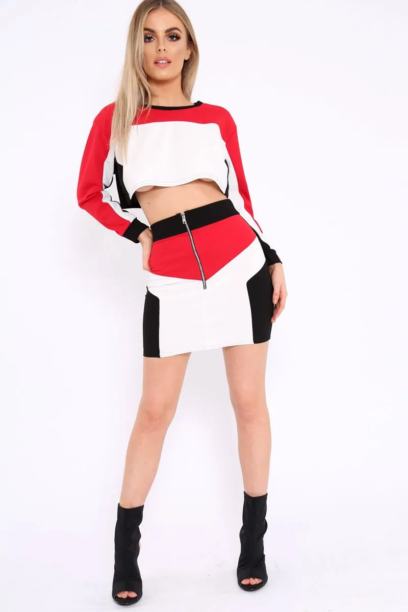 White Red and Black Colour Block Crop Top and Skirt Co-ord - Dyana