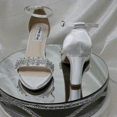 White Wedding Shoes with Block Heel and Crystal Design