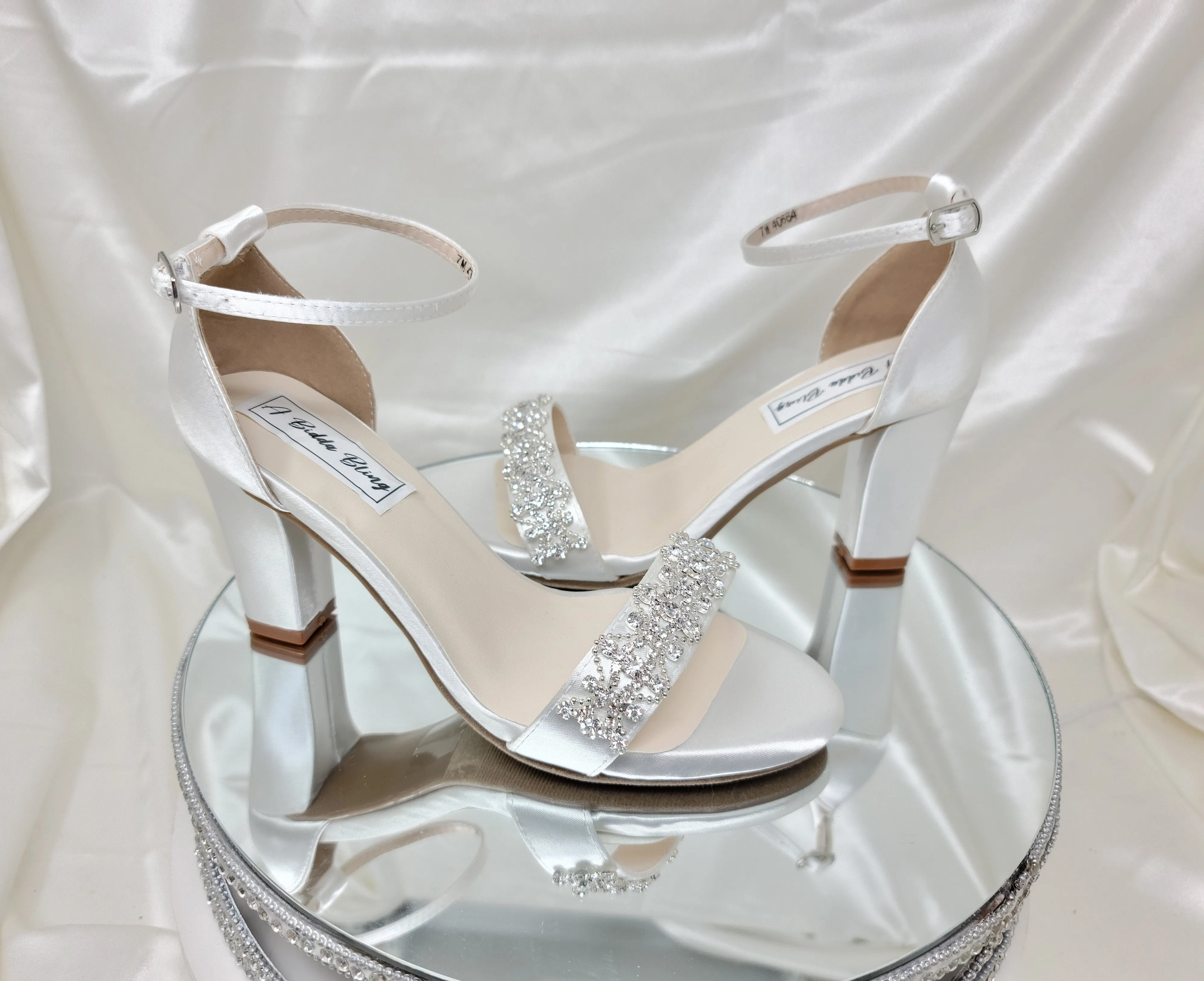 White Wedding Shoes with Block Heel and Crystal Design