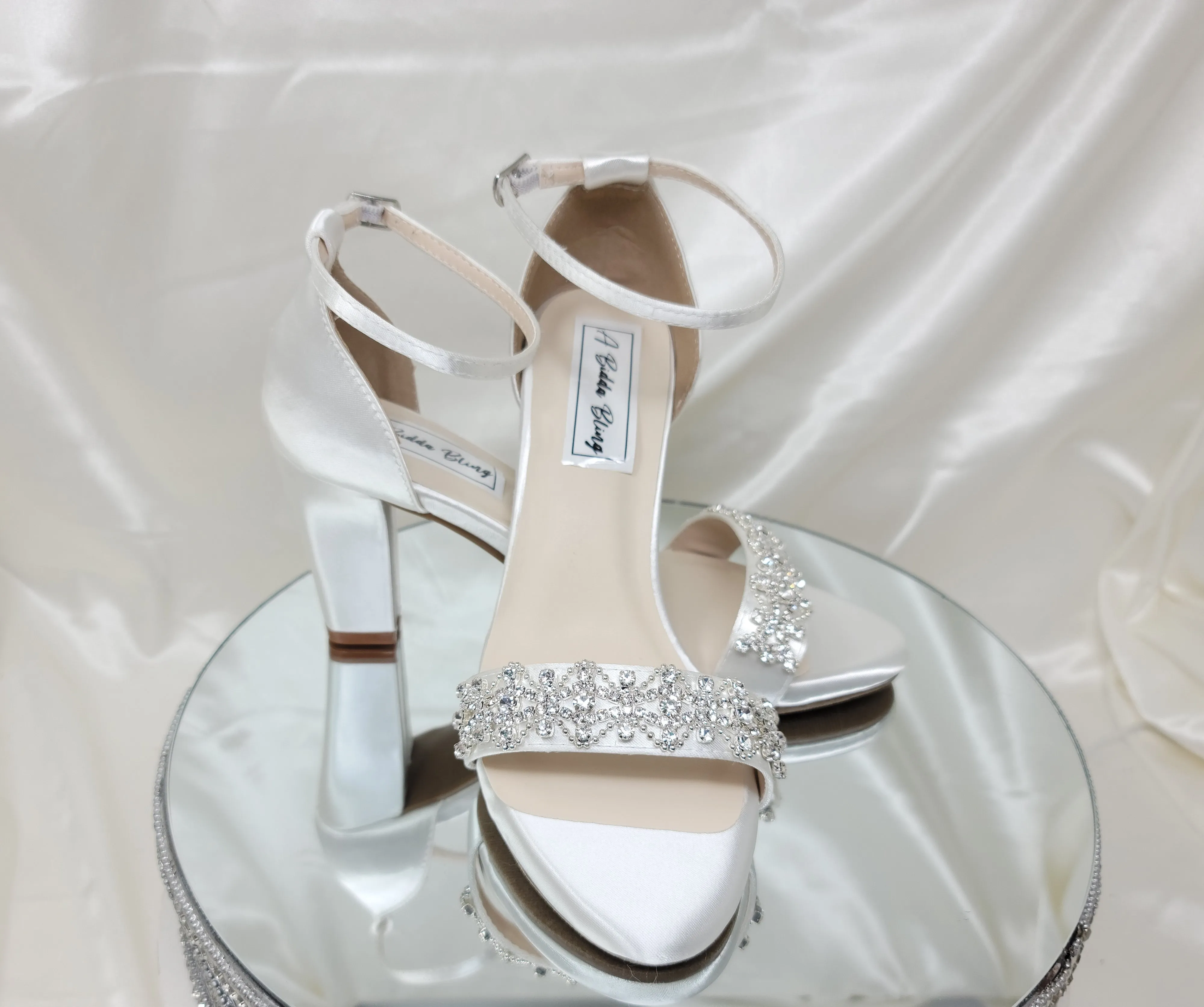 White Wedding Shoes with Block Heel and Crystal Design