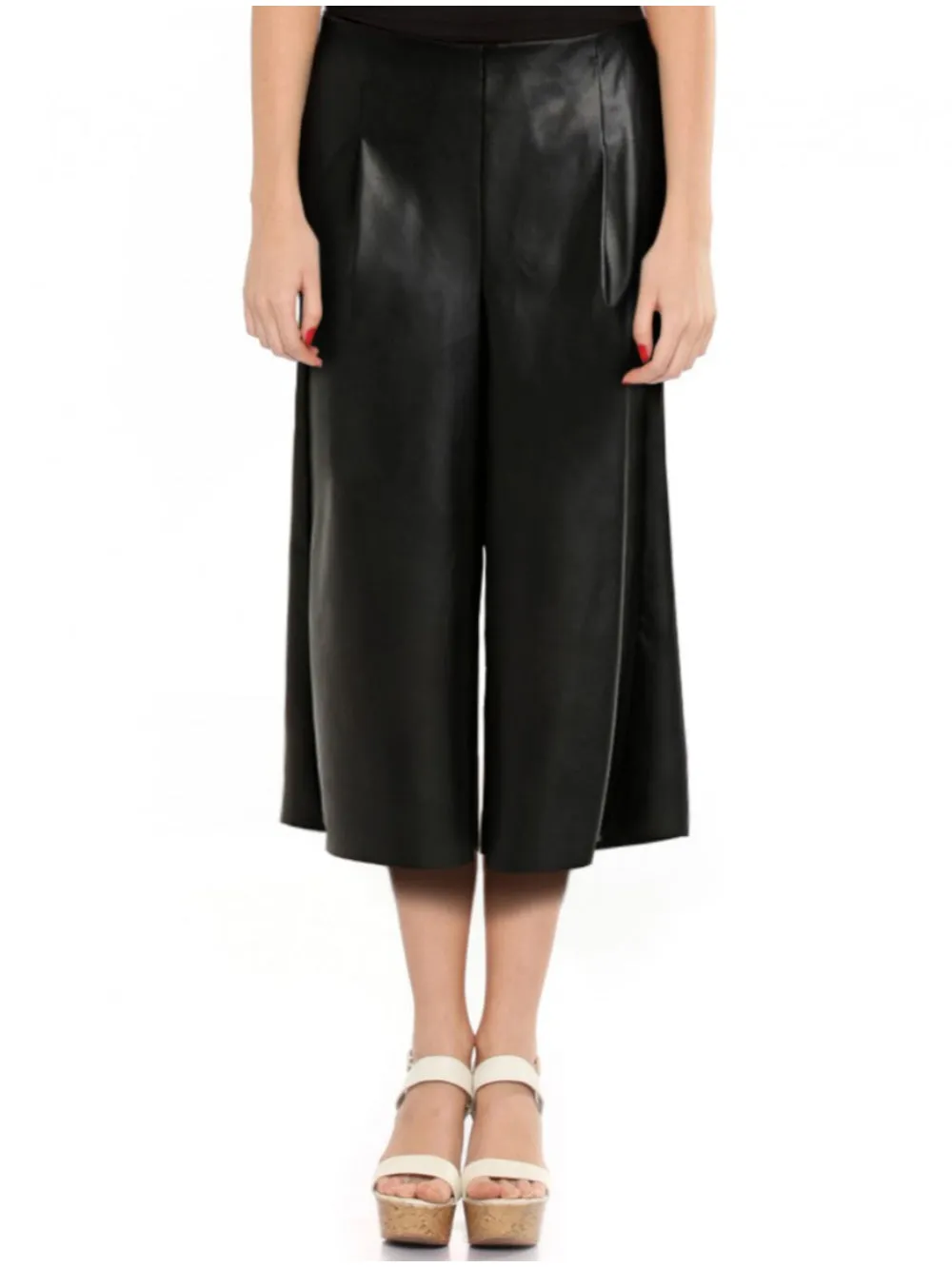 Wide-Leg Black Leather Culottes