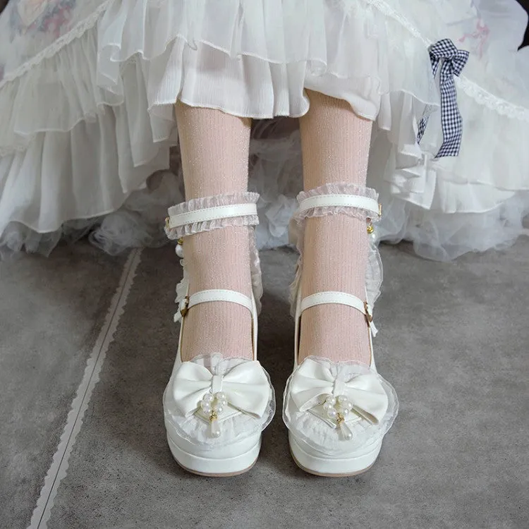 Women Lace Bow Tie Mary Janes Chunky Heel Platform Pumps