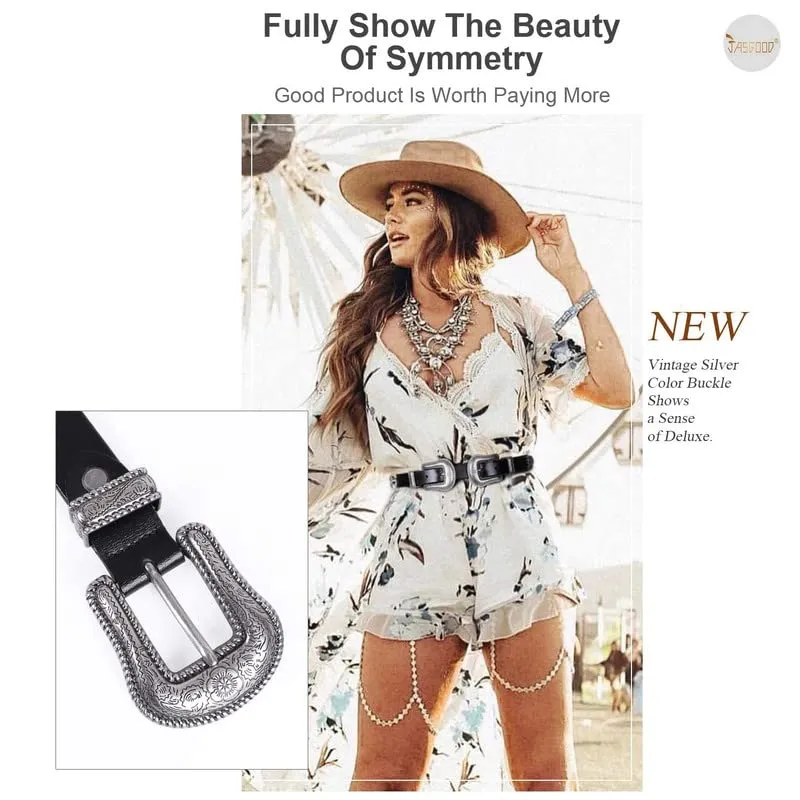 Women Leather Belts Ladies Vintage Western Design Black Waist Belt for Pants Dresses