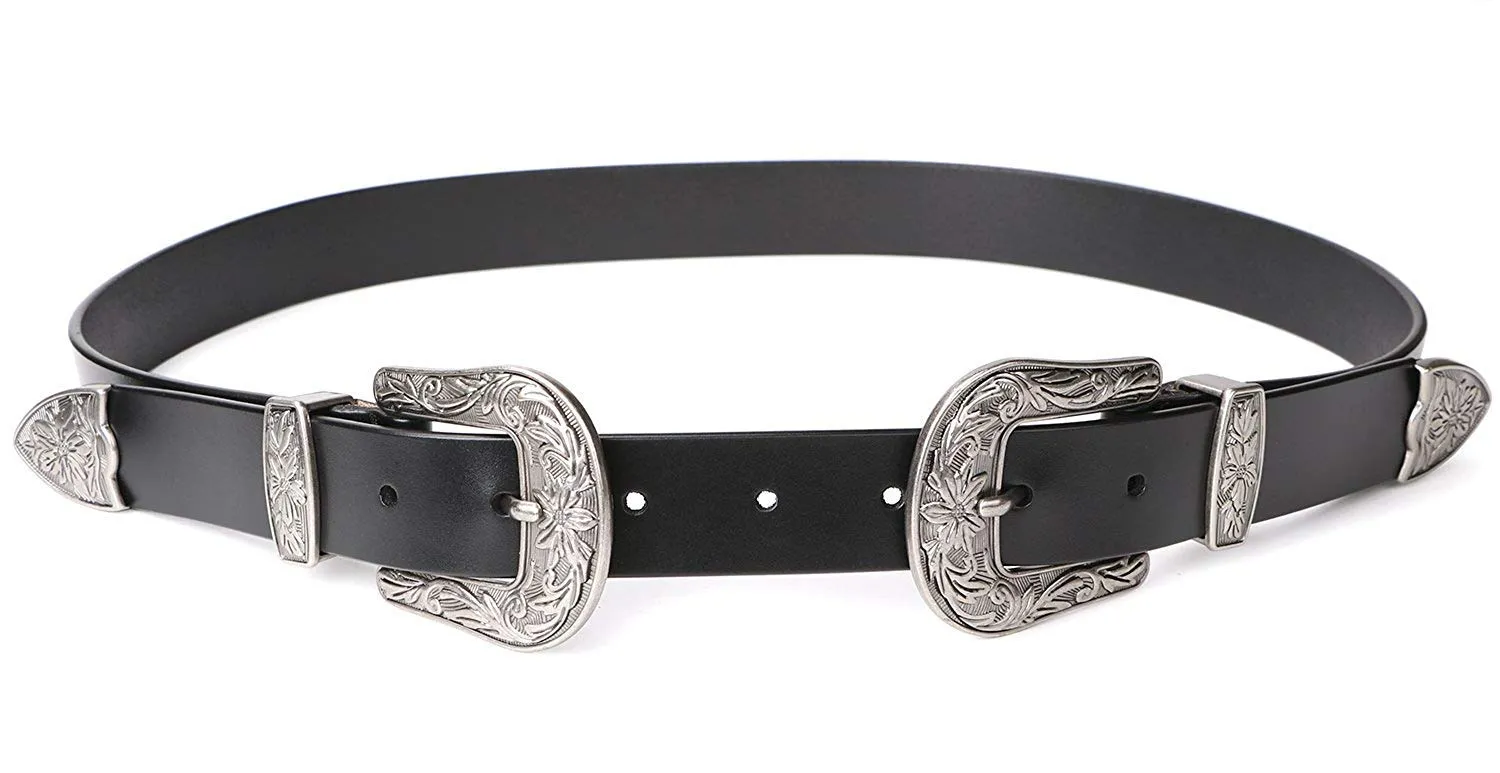 Women Leather Belts Ladies Vintage Western Design Black Waist Belt for Pants Dresses