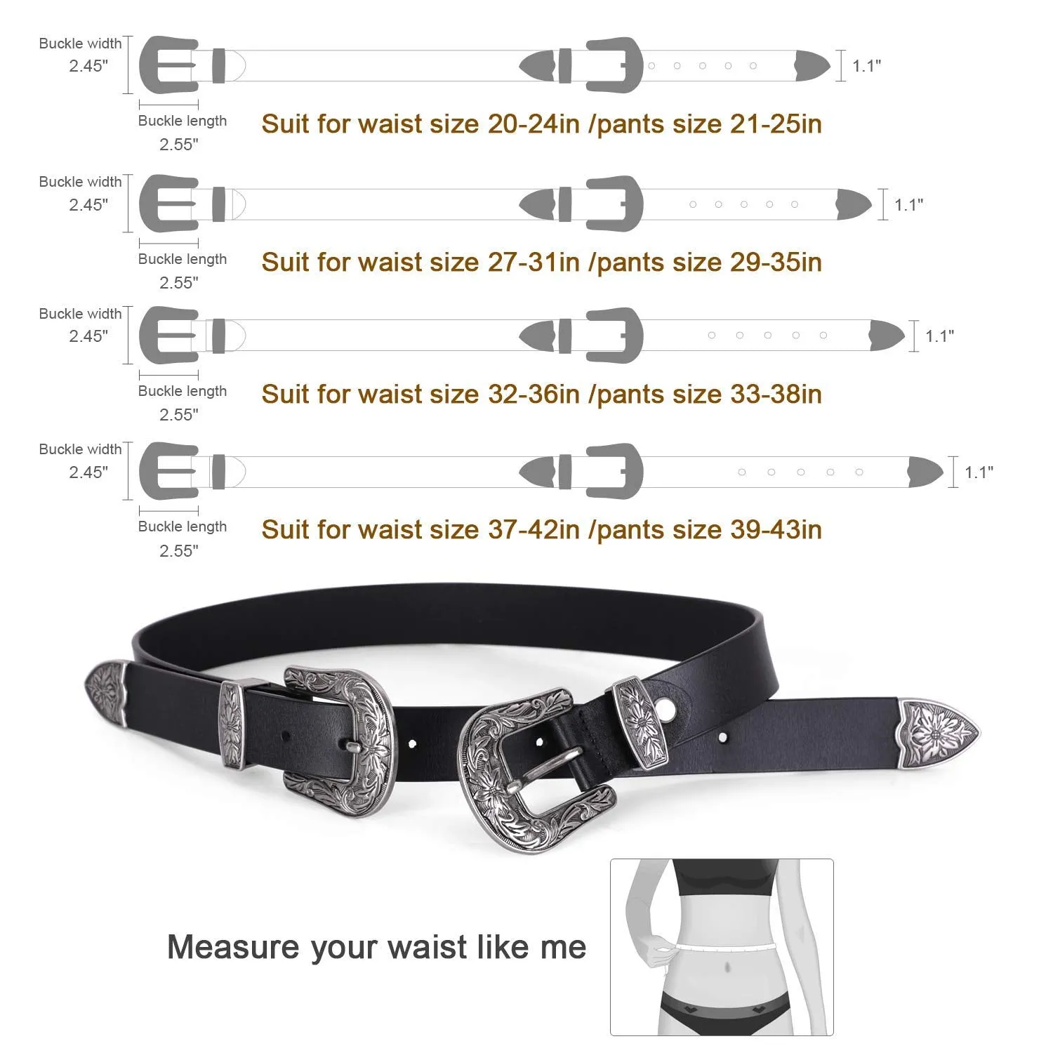 Women Leather Belts Ladies Vintage Western Design Black Waist Belt for Pants Dresses