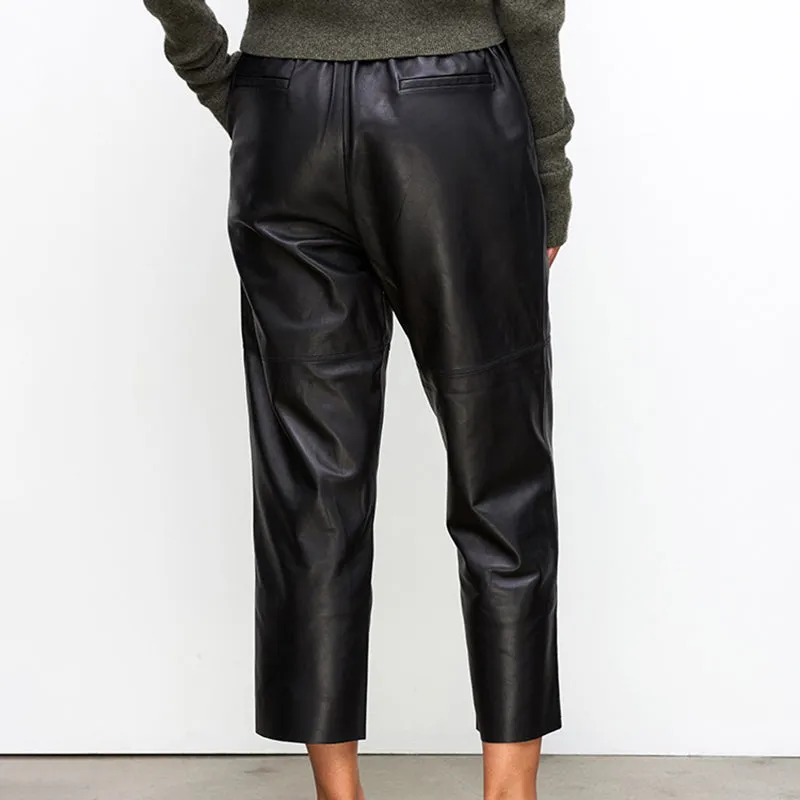 Women Leather Pants Mid-Waist Slim Genuine Sheepskin Solid Harem Pants 2022 New BJ3953