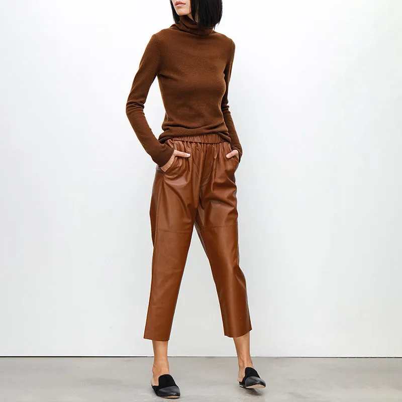 Women Leather Pants Mid-Waist Slim Genuine Sheepskin Solid Harem Pants 2022 New BJ3953