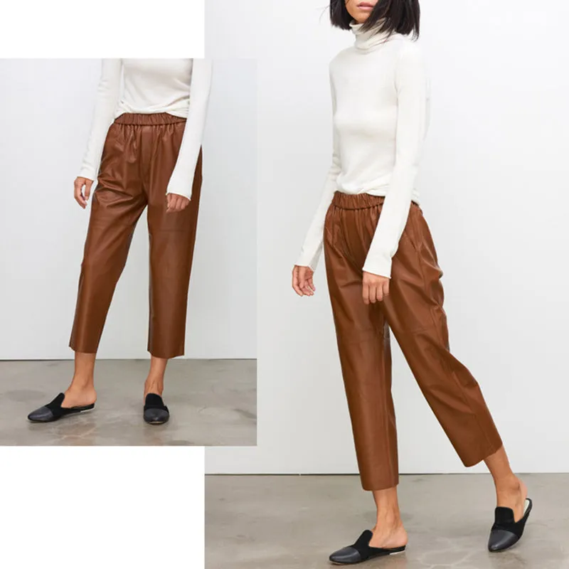 Women Leather Pants Mid-Waist Slim Genuine Sheepskin Solid Harem Pants 2022 New BJ3953