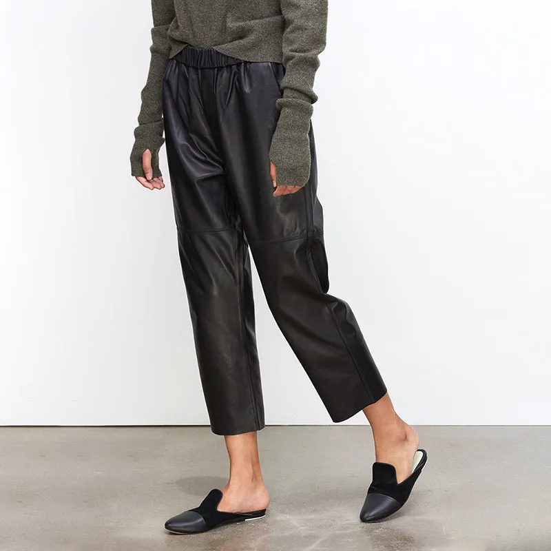 Women Leather Pants Mid-Waist Slim Genuine Sheepskin Solid Harem Pants 2022 New BJ3953