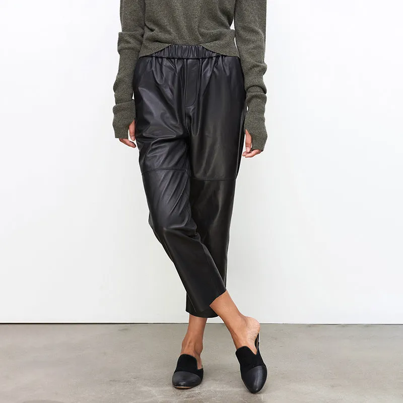 Women Leather Pants Mid-Waist Slim Genuine Sheepskin Solid Harem Pants 2022 New BJ3953