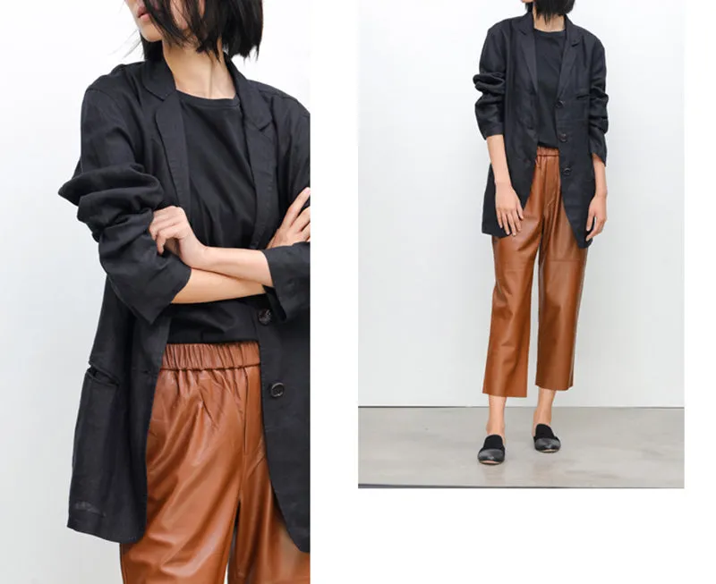 Women Leather Pants Mid-Waist Slim Genuine Sheepskin Solid Harem Pants 2022 New BJ3953