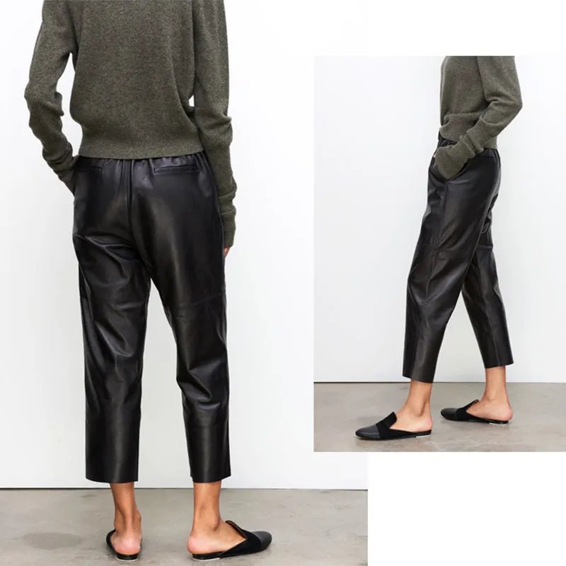 Women Leather Pants Mid-Waist Slim Genuine Sheepskin Solid Harem Pants 2022 New BJ3953