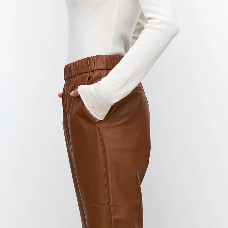 Women Leather Pants Mid-Waist Slim Genuine Sheepskin Solid Harem Pants 2022 New BJ3953