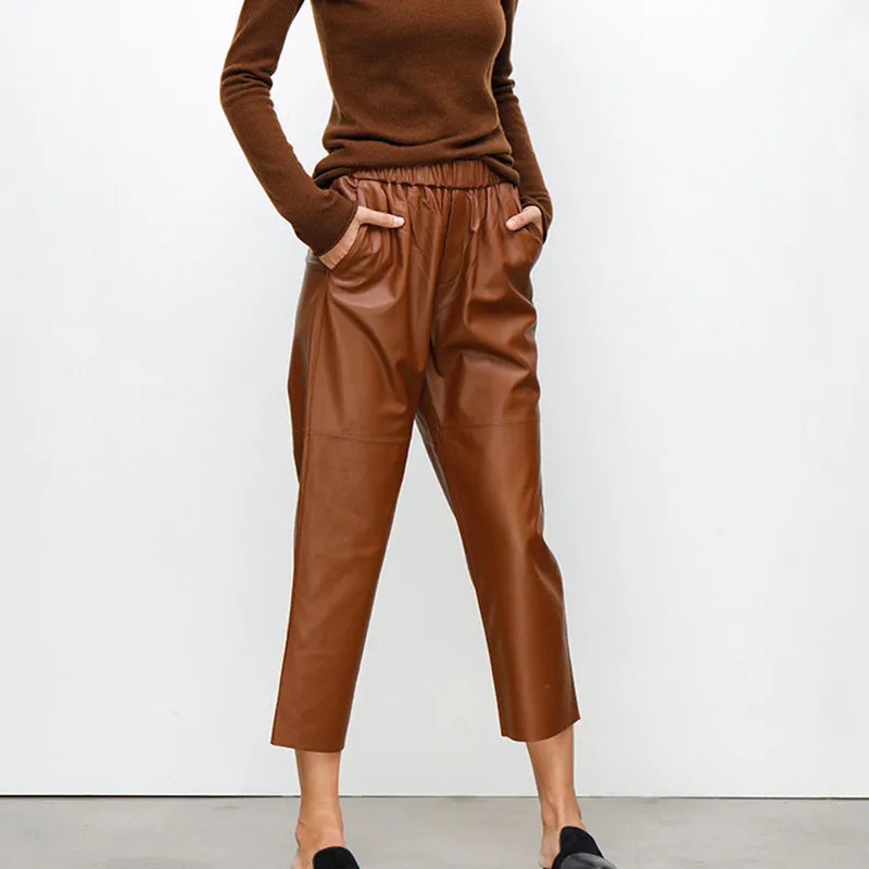 Women Leather Pants Mid-Waist Slim Genuine Sheepskin Solid Harem Pants 2022 New BJ3953