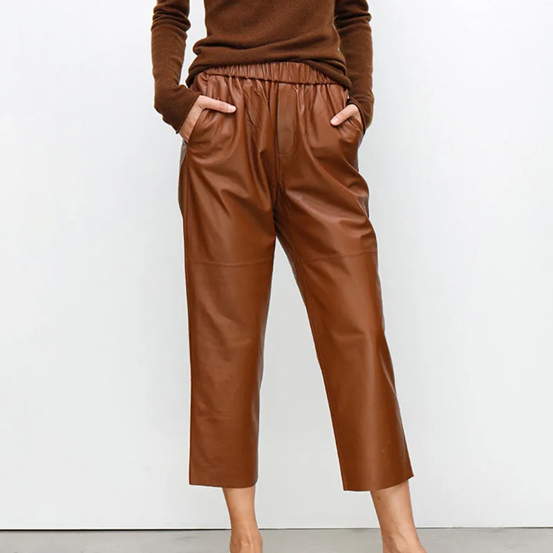 Women Leather Pants Mid-Waist Slim Genuine Sheepskin Solid Harem Pants 2022 New BJ3953