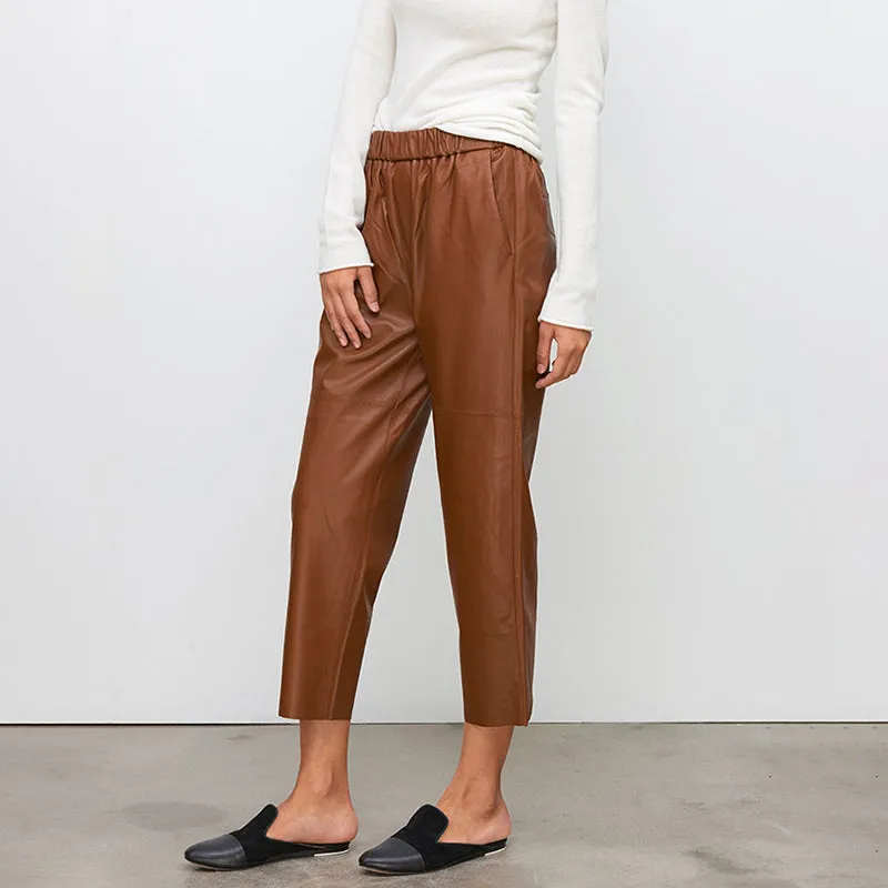 Women Leather Pants Mid-Waist Slim Genuine Sheepskin Solid Harem Pants 2022 New BJ3953