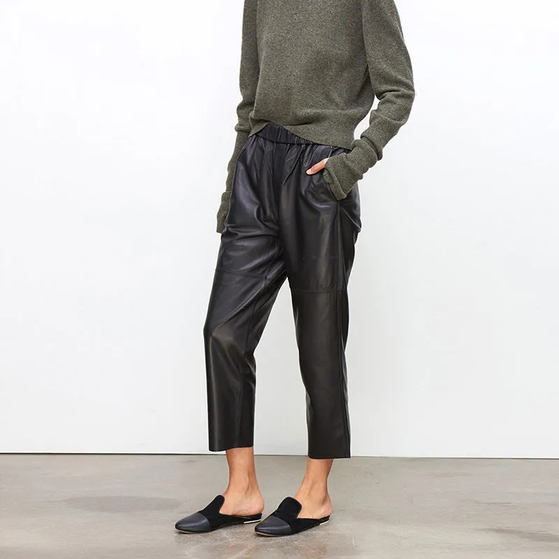 Women Leather Pants Mid-Waist Slim Genuine Sheepskin Solid Harem Pants 2022 New BJ3953