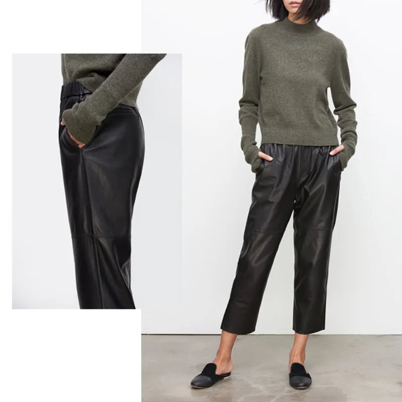 Women Leather Pants Mid-Waist Slim Genuine Sheepskin Solid Harem Pants 2022 New BJ3953