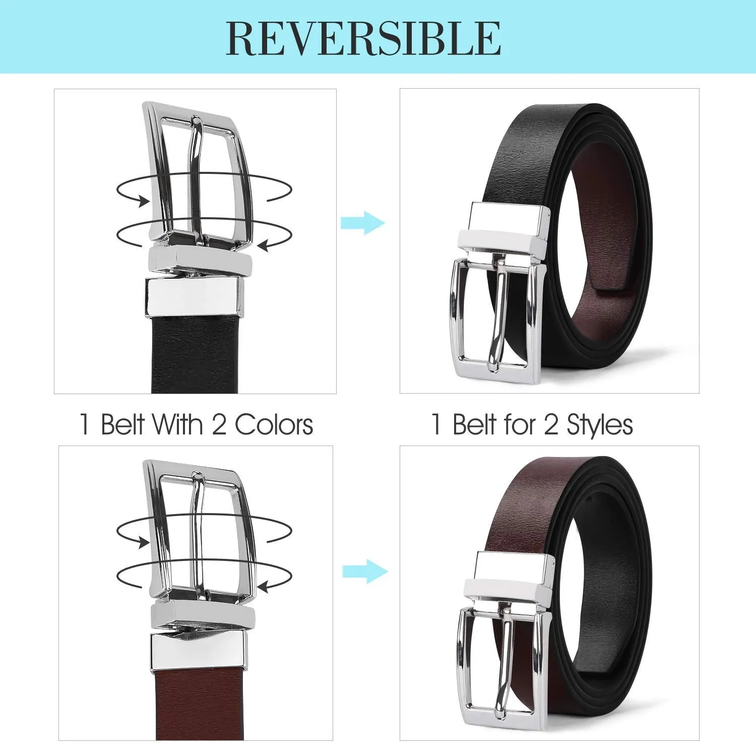 Women Leather Reversible Belt, Ladies Belt for Jeans with Rotated Buckle by JASGOOD