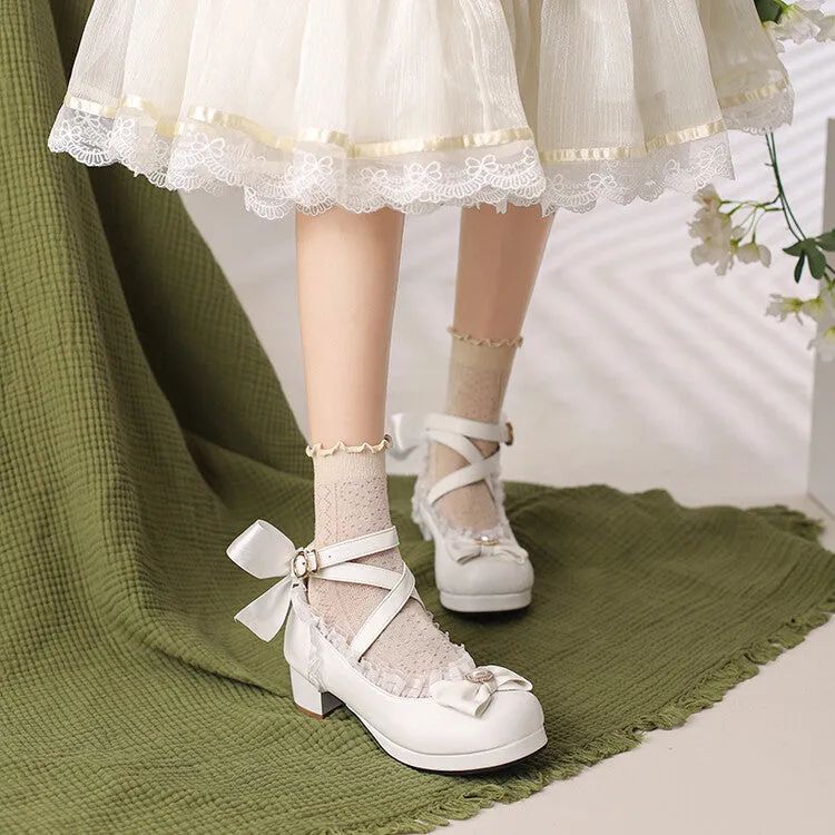Women Lolita Lace Pearls Bow Tie Mary Janes Chunky Heel Pumps