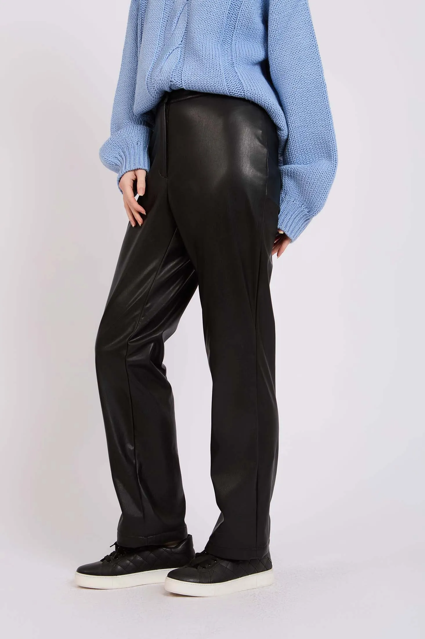 Women Pant Leather Straight Fit Black