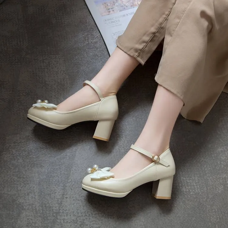 Women Pearls Bow Tie Shallow Mary Janes Block Heel Platform Pumps