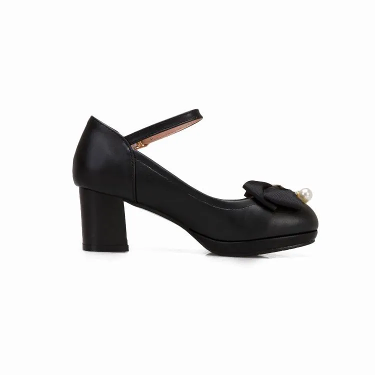 Women Pearls Bow Tie Shallow Mary Janes Block Heel Platform Pumps
